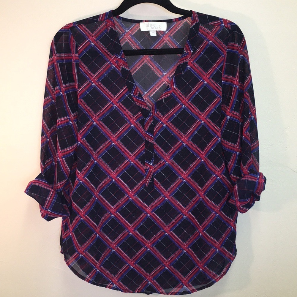 Olive & Oak Plaid Long Sleeve Semi-Sheer‎ Blouse